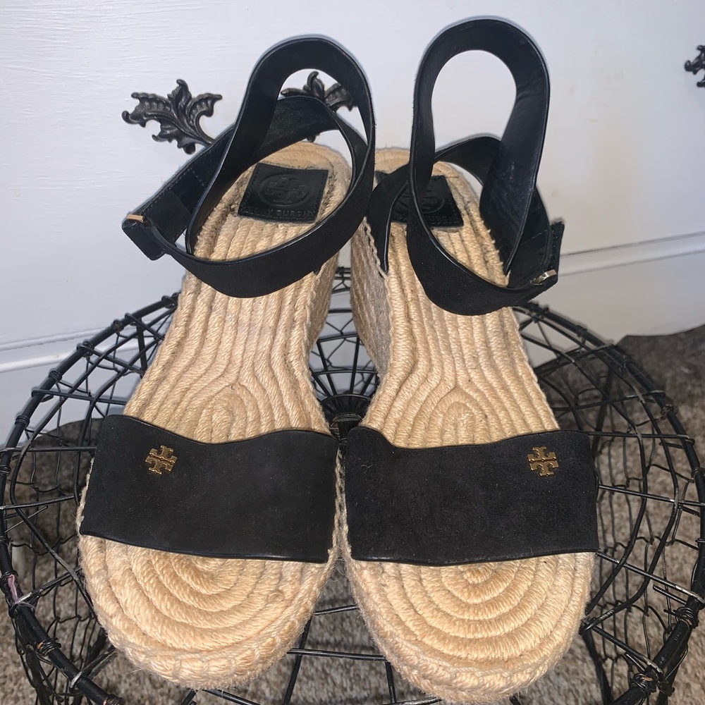 Tory Burch Black and Tan Espadrille Sandals